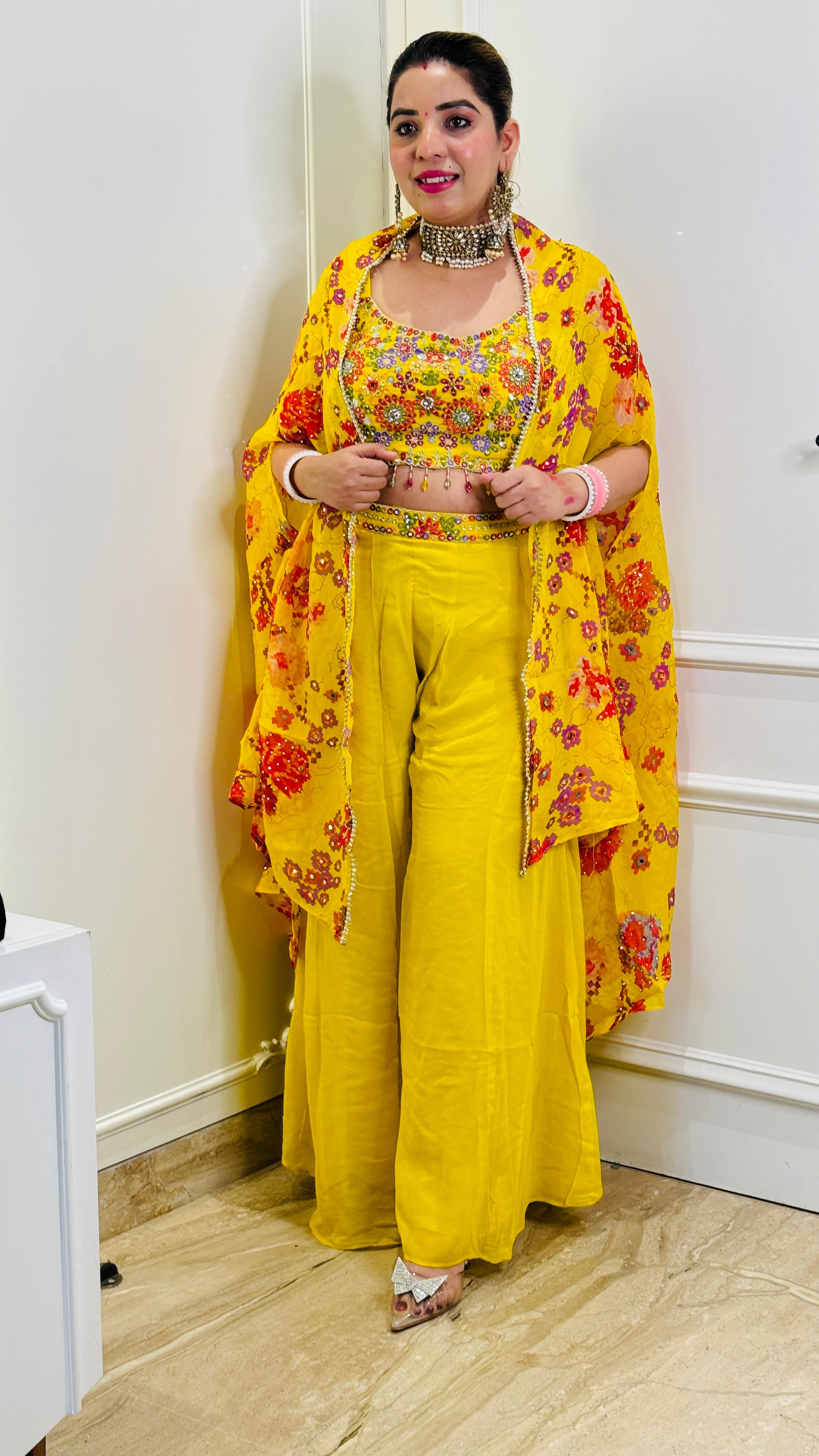 Indo-Western Premium Handwork Padded Blouse with Georgette Cape & Plazo